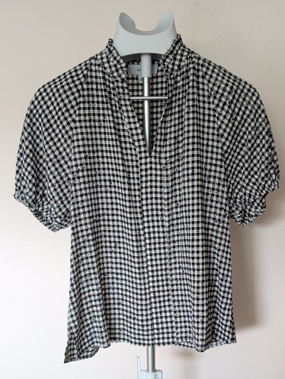 CeCe Black & White Gingham Ruffle Neck Blouse